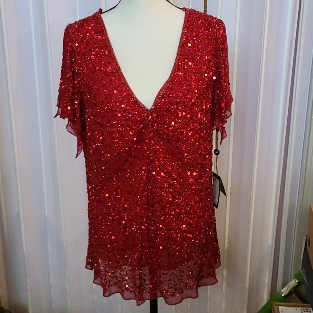 Red Sequin V-Neck Women's Top
